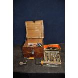 A WOODEN BOX CONTAINING A STANLEY No144 BRACE, a Stanley hand drill, a series of bits, rivet