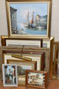 DECORATIVE PAINTINGS AND PRINTS ETC, to include an indistinctly signed watercolour depicting a river