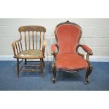 A VICTORIAN WALNUT SPOON BACK OPEN ARMCHAIR, with foliate carved cresting, pink upholstered back,