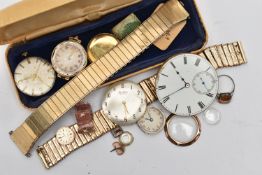 ASSORTED WATCH PARTS, to include two stretch link watch bracelets, a pocket watch movement, two