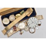 ASSORTED WATCH PARTS, to include two stretch link watch bracelets, a pocket watch movement, two