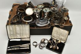 A SELECTION OF SILVER PLATE AND WHITE METAL WARE, to include five silver plated cups and five silver