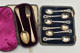 A GEORGE V CASED SET OF TEASPOONS AND VICTORIA I CASED CHRISTENING SET, a set of six tea spoons