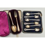 A GEORGE V CASED SET OF TEASPOONS AND VICTORIA I CASED CHRISTENING SET, a set of six tea spoons