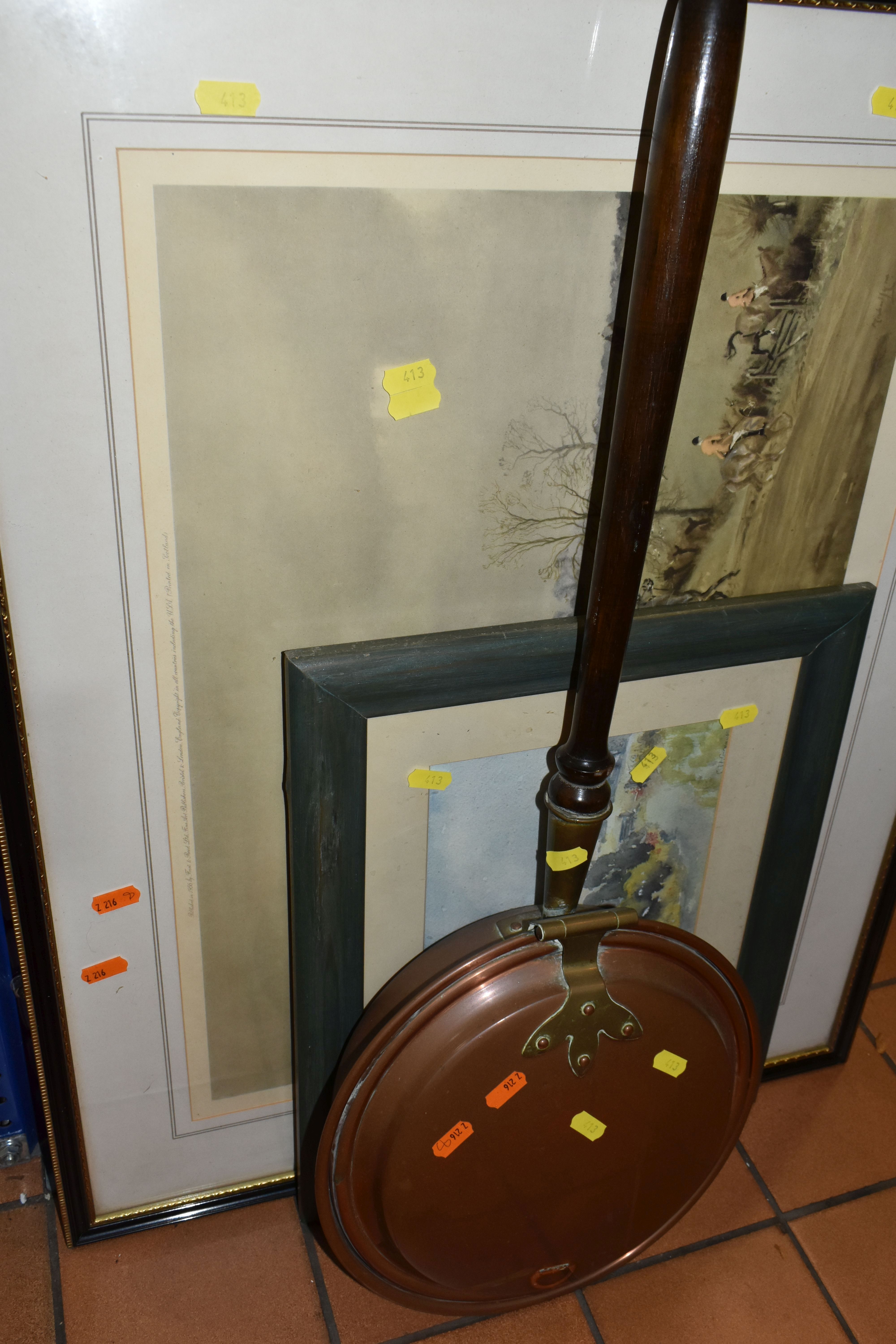 ONE BOX OF METALWARE, comprising a large copper kettle, a copper bed warmer, a framed watercolour of - Image 4 of 6