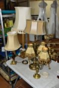 A GROUP OF BRASS TABLE LAMPS, together with a French Provincial grape and wheat sheaf harvest