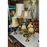 A GROUP OF BRASS TABLE LAMPS, together with a French Provincial grape and wheat sheaf harvest