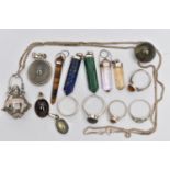 A BAG OF ASSORTED SEMI-PRECIOUS GEMSTONE JEWELLERY, to include a silver tiger eye cabochon ring