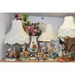 A GROUP OF CAPODIMONTE FIGURES, TABLE LAMPS AND DECORATIVE HOMEWARES, to include six Capodimonte