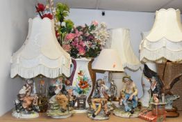 A GROUP OF CAPODIMONTE FIGURES, TABLE LAMPS AND DECORATIVE HOMEWARES, to include six Capodimonte