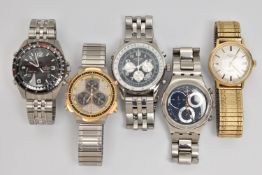 FIVE ASSORTED WRISTWATCHES, to include a 'Rotary' Chrono speed, 'Swatch' Irony, 'Citizen' WR100, '