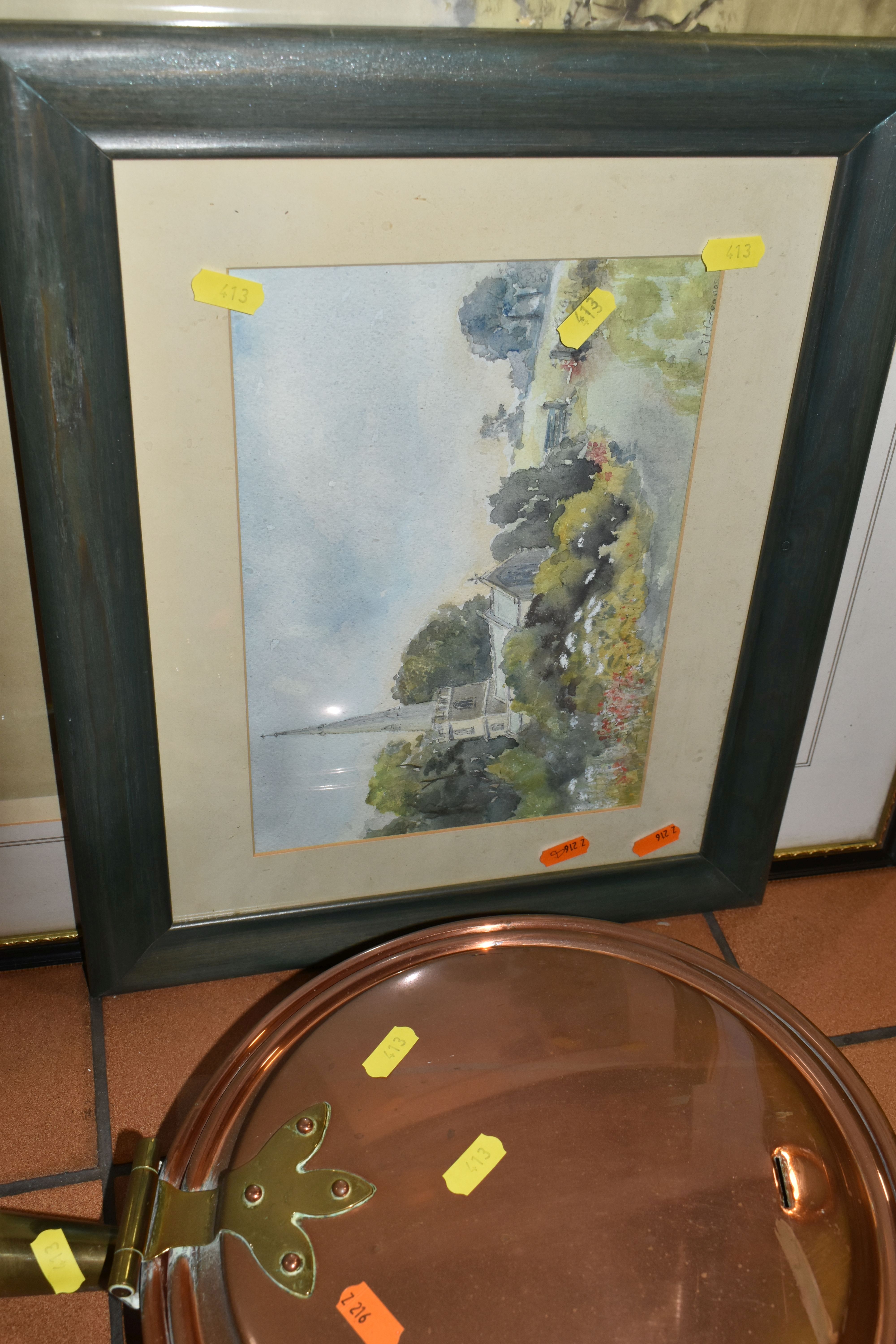 ONE BOX OF METALWARE, comprising a large copper kettle, a copper bed warmer, a framed watercolour of - Image 5 of 6
