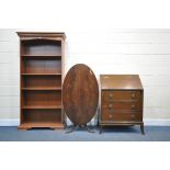 A 20TH CENTURY MAHOGANY BUREAU, the fall front door enclosing a fitted interior, above three