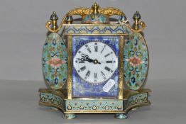 A MID 20TH CENTURY CHINESE CLOISONNE MANTEL CLOCK, the rectangular case with scrolled surmount, dome