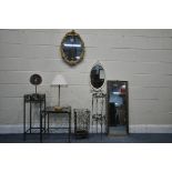 A SELECTION OF OCCASIONAL FURNITURE, to include four various steel items, a gilt framed oval wall