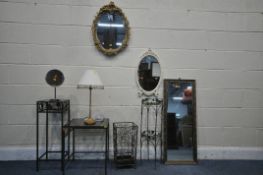 A SELECTION OF OCCASIONAL FURNITURE, to include four various steel items, a gilt framed oval wall