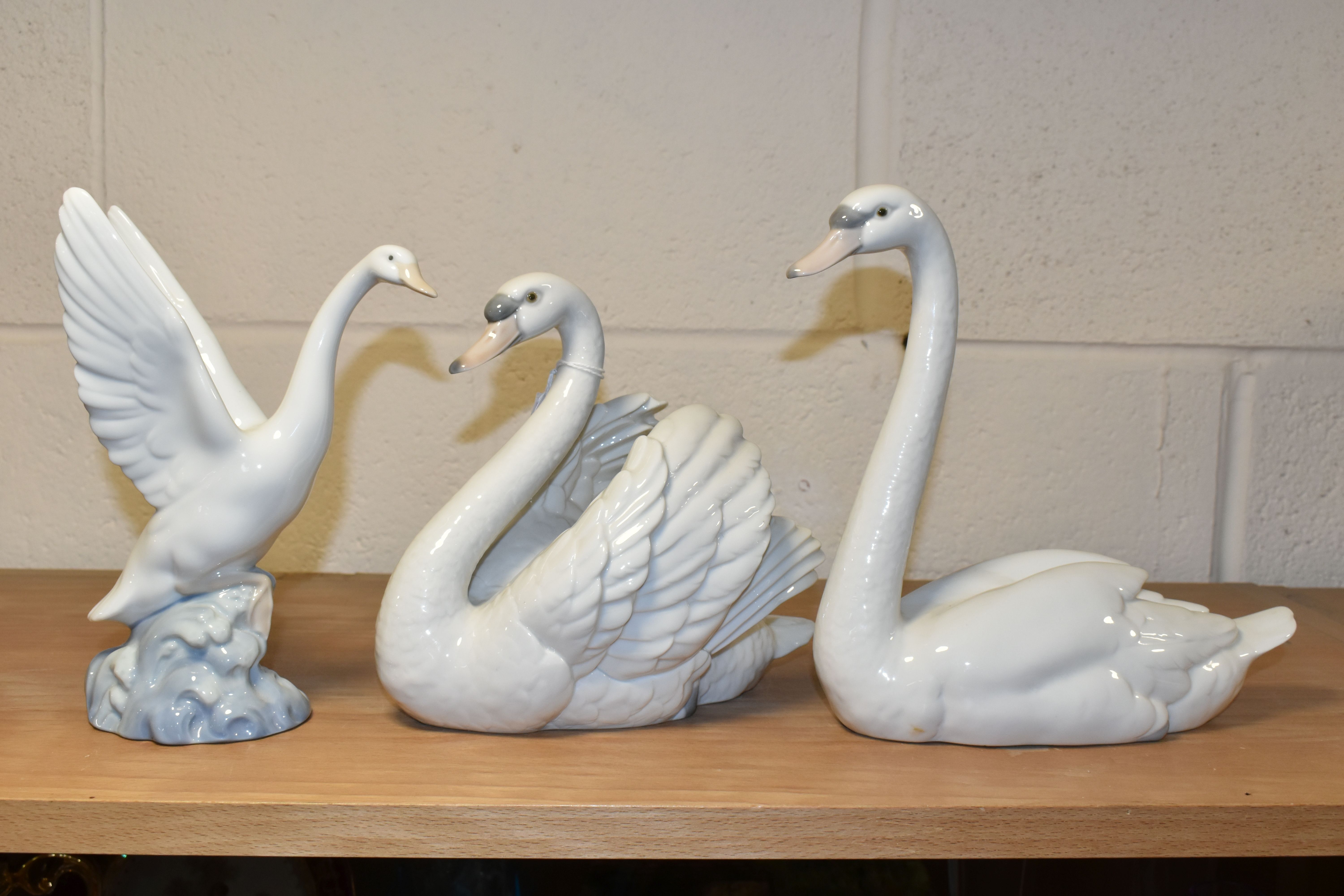 TWO LLADRO SWANS AND A NAO DUCK, comprising a Swan with wings spread, no 5231, issued 1984-2004,