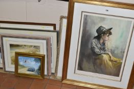 SEVEN PAINTINGS AND PRINTS, comprising a Howard Hooker oil on board depicting a vintage sports car