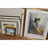 SEVEN PAINTINGS AND PRINTS, comprising a Howard Hooker oil on board depicting a vintage sports car