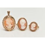 A 9CT GOLD CAMEO PENDANT AND TWO 9CT GOLD CAMEO RINGS, the first a shell cameo set in a yellow