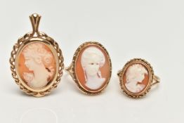 A 9CT GOLD CAMEO PENDANT AND TWO 9CT GOLD CAMEO RINGS, the first a shell cameo set in a yellow