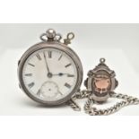 A SILVER OPEN FACE POCKET WATCH, ALBERT CHAIN AND FOB, key wound pocket watch, round white dial,