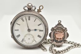 A SILVER OPEN FACE POCKET WATCH, ALBERT CHAIN AND FOB, key wound pocket watch, round white dial,