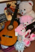 TWO BOXES AND LOOSE GUITAR, PUZZLES AND TOYS, to include a cased 3/4 sized Valencia acoustic guitar,