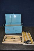 A VINTAGE METAL BOX CONTAINING SIX STANLEY AND OTHER HAMMERS along with Thorite rubber mallet and