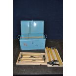 A VINTAGE METAL BOX CONTAINING SIX STANLEY AND OTHER HAMMERS along with Thorite rubber mallet and