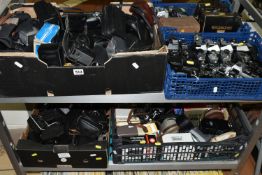 FIVE BOXES OF VINTAGE PHOTOGRAPHIC EQUIPMENT ETC, to include 35mm SLR camera bodies for spares or