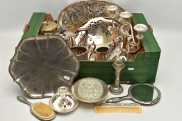 A BOX OF MAINLY SILVER PLATED WARE, to include a pair of chambersticks, a dressing table set, a