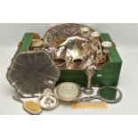 A BOX OF MAINLY SILVER PLATED WARE, to include a pair of chambersticks, a dressing table set, a