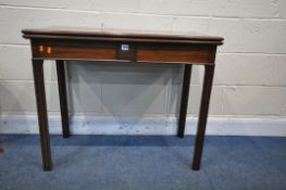 A GEORGIAN MAHOGANY RECTANGULAR FOLD OVER CARD TABLE, 92cm squared x depth 46cm x height 74cm (