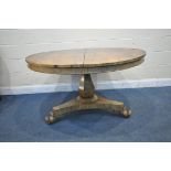 A 19TH CENTURY ROSEWOOD TILT TOP CIRCULAR BREAKFAST TABLE, on a bulbous column and triform base,