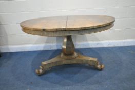 A 19TH CENTURY ROSEWOOD TILT TOP CIRCULAR BREAKFAST TABLE, on a bulbous column and triform base,