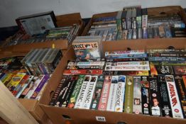 FOUR BOXES OF VHS TAPES, DVDS AND CDS, to include approximately one hundred VHS tapes including