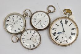 FOUR POCKET WATCHES, to include a manual wind goliath pocket watch, base metal case, approximate
