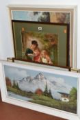 NINE DECORATIVE PICTURES AND PRINTS ETC, comprising an indistinctly signed alpine mountain