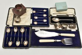A BOX OF ASSORTED SILVER ITEMS, to include a cased set of seven golfing teaspoons, each hallmarked