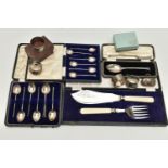 A BOX OF ASSORTED SILVER ITEMS, to include a cased set of seven golfing teaspoons, each hallmarked