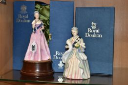 TWO BOXED ROYAL DOULTON FIGURINES OF HM QUEEN ELIZABETH THE QUEEN MOTHER, limited editions,