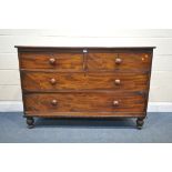 A VICTORIAN FLAME MAHOGANY CHEST OF TWO SHORT OVER TWO LONG DRAWERS, with later leatherette
