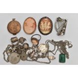 A BAG OF WHITE METAL JEWELLERY, to include a silver hardstone harp brooch, hallmarked rubbed, a