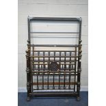 A 19TH CENTURY FRUITWOOD 4FT BEDSTEAD, with brass finials and decorations, spindled supports, the