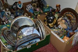 FOUR BOXES OF ORNAMENTS AND COLLECTOR'S PLATES, to include assorted figurines, wall plaques,