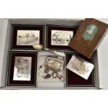 FOUR FRAMED SILVER PLAQUES AND OTHER ITEMS, four silver plaques featuring Shire horses, each