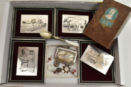 FOUR FRAMED SILVER PLAQUES AND OTHER ITEMS, four silver plaques featuring Shire horses, each