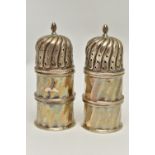 A PAIR OF EDWARDIAN SILVER PEPPERETTES OF DOMED CYLINDRICAL FORM, pull off covers, panelled sides of