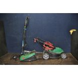 A QUALCAST ELECTRIC LAWN MOWER with grass box and a MacAllister MHTP550P long hedge trimmer (both